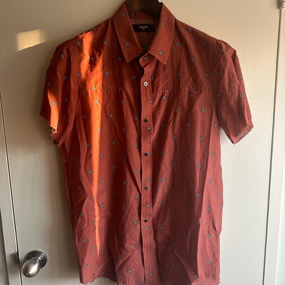 AMIRI Rust Silk Bandana Raw Hem Shirt - Picture 1 of 6